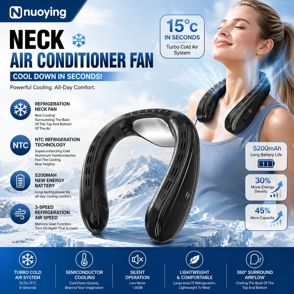 New Portable Neck Fan 5200mAh Neck Air Conditioner Rechargeable Semiconductor Cooling  Fan Outdoor Personal Fan Wearable Cooler