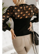 Women's Fashion Hollow Contrast Lace Splicing Shirt Ladies Temperament Long-Sleeved Shirt  Round Neck Blouse