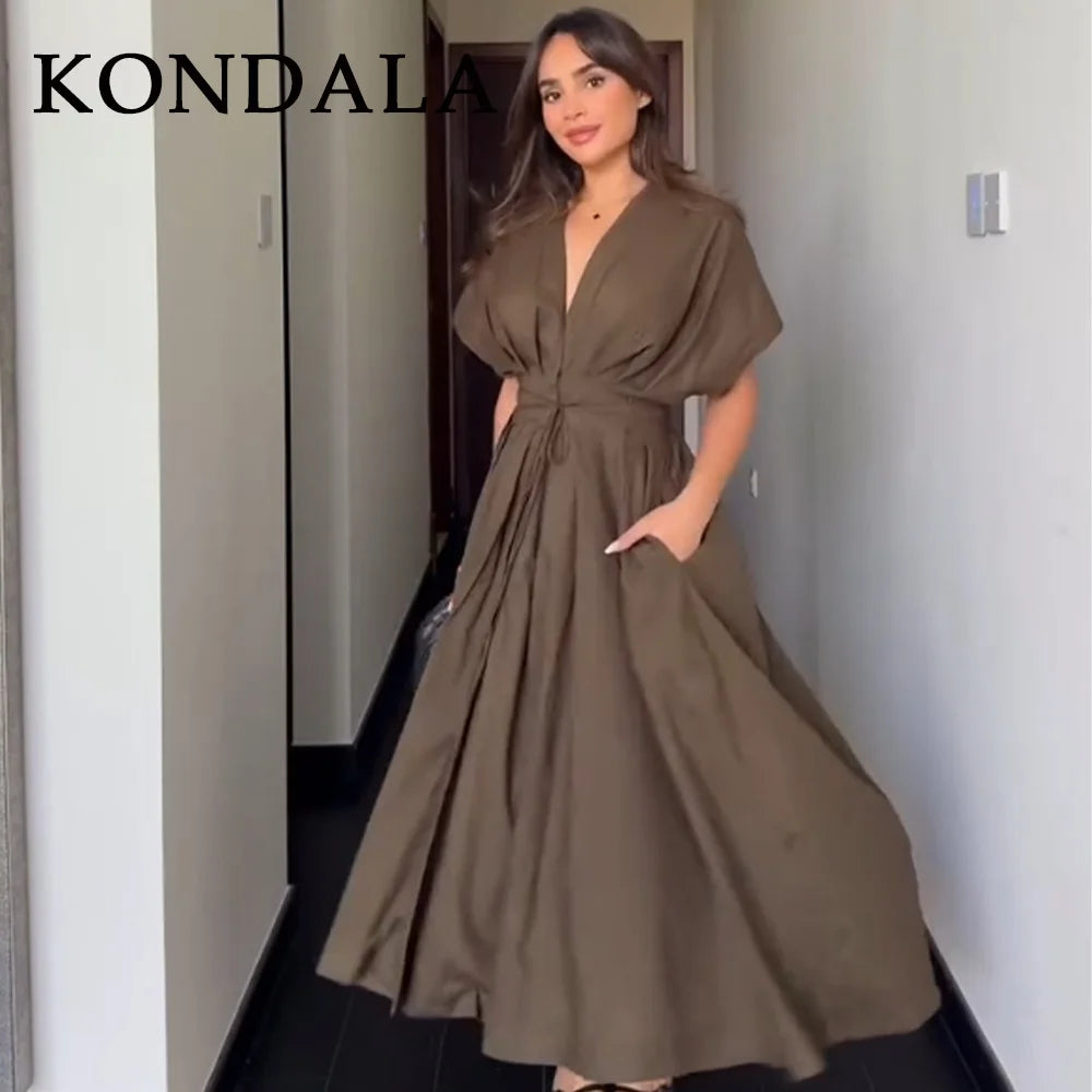KONDALA 2026 Spring Summer Vintage Women Dress Fashion Single Breasted Sashes Draped V Neck Sleeveless Chic Brown Ladies Dresses Main image