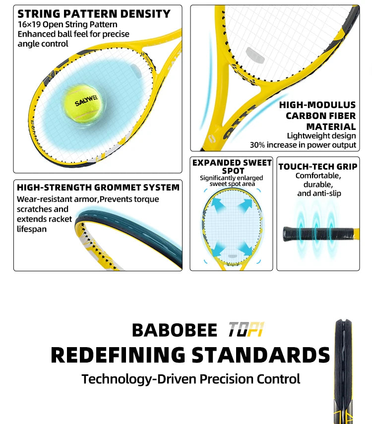 BaboBee 100% Full Carbon Fibre Premium Professional Tennis Racket Free Bag & Overgrip, 55-65lbs Threaded, Ultra-light 265±5g
