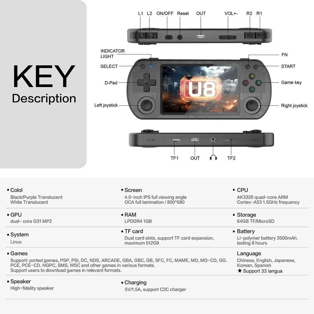 U8 Retro Handheld Game Console Linux System 4.0 Inch IPS Screen R35s Pro Portable Pocket Video Game Player
