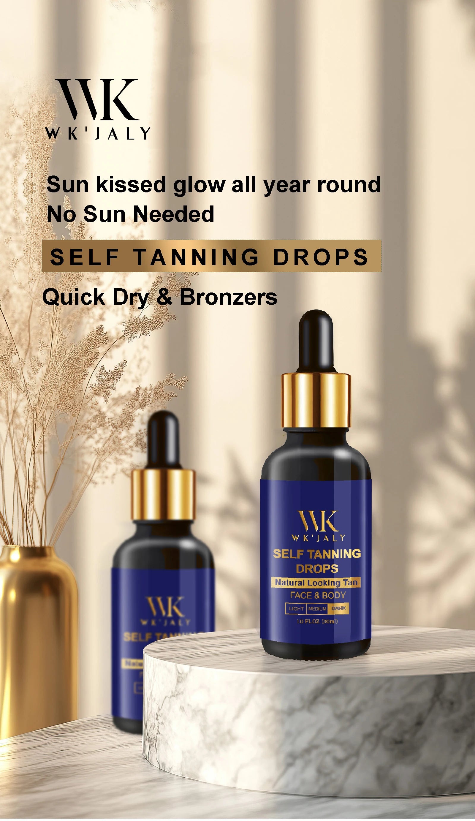 WK JALY Dark Self Tan Drops, Natural Self Tanner, Face & Body Glow with DHA, Carrot Oil, Aloe, Buildable, Streak Free Tan, Vegan