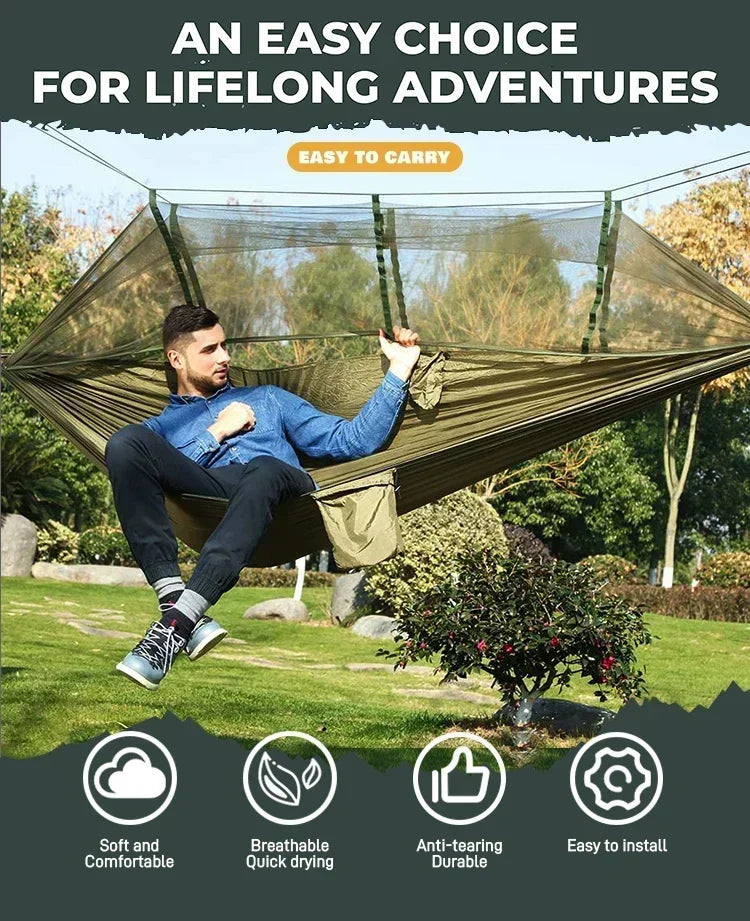 260x140cm Camping Hammock Double Size Parachute with Mosquito Net Rain Fly Tarp Lightweight for Hiking Travel
