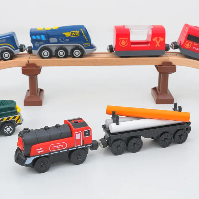 wooden Electric car set Magnetic Electric Train with Little Doll Diecast Slot Toy set Compatible Railway Wood Track Rail Train