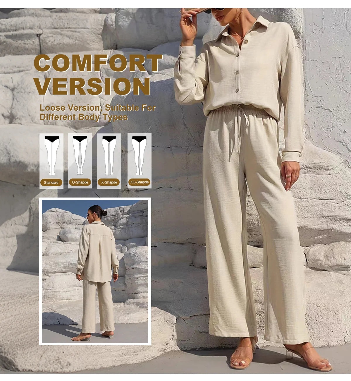 Women's Solid Button Front Shirt & Tie Front Wide Leg Pants Two-piece Set, Casual Drop Shoulder Long Sleeve Blouse Top & Trouser