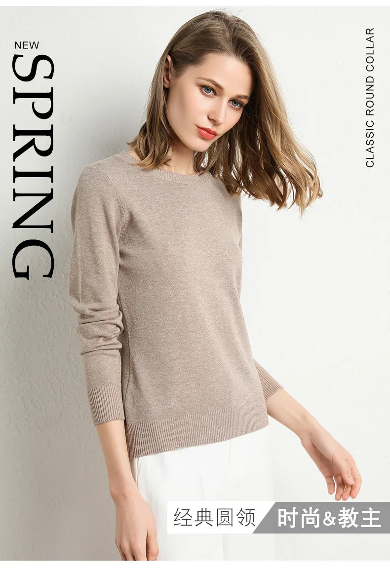 Women Slim O-Neck Pullover Cashmere Wool Blending Sweater Autumn And Winter Long-Sleeved Knit Bottoming Shirt Large Size 2024