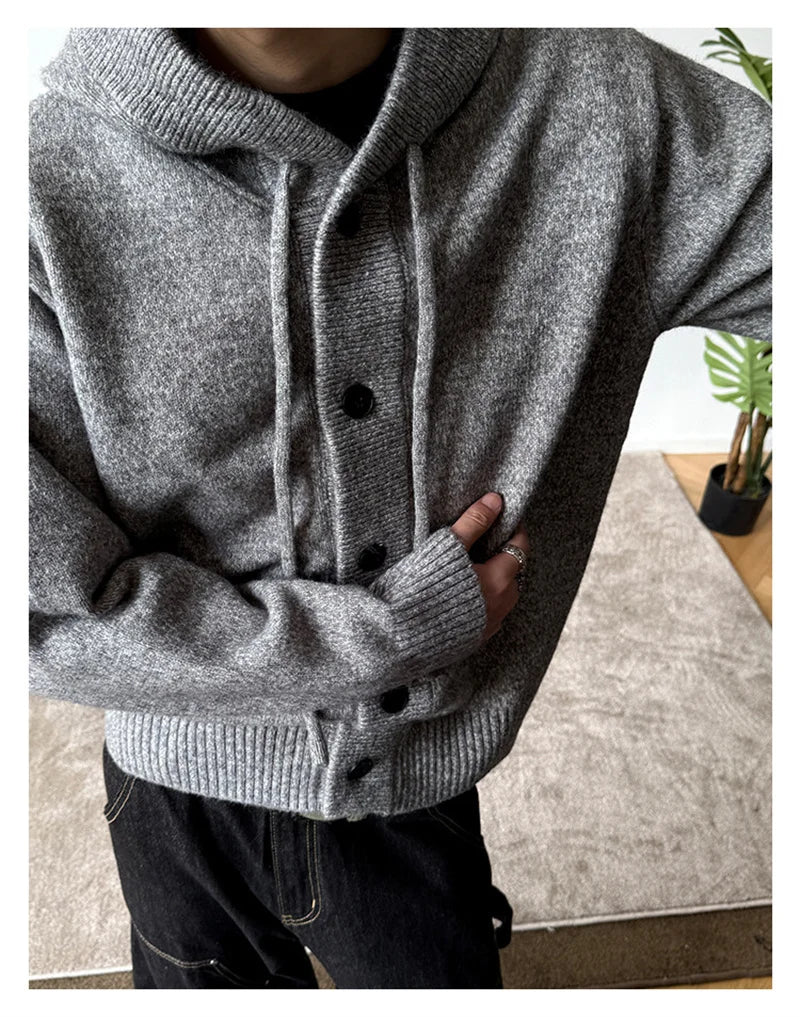 New Casual Luxury Hooded Knitted Cardigan For Man Korean Fashion Loose Button-up Sweater Y2K Vintage Streetwear Knitwear Coat