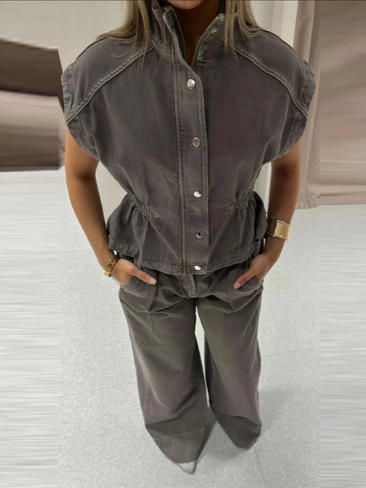 Denim Vest Loose Long Pants Woman Set High Neck Single Breasted Waist Cinched Tops High Waist Trousers Chic Casual Lady New Sets