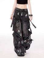 Y2K Harajuku Gothic Multi-Pocket Washed Black Jeans Men And Women 2000s Heavy Industry Drag Pants Street Hip Hop Wide Leg Pants
