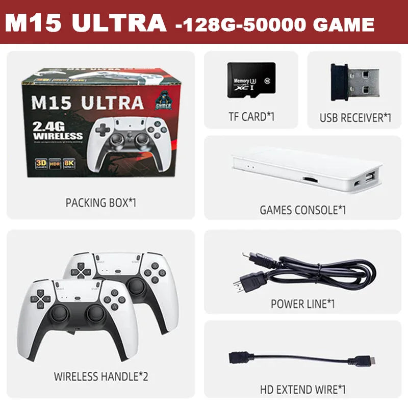 home gaming consoles G7,G8 8K 3D, supports two players, 60000 classic retro arcade games, includes 2.4G wireless controllers.