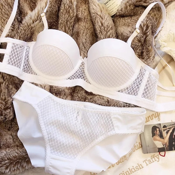 Mesh Lace Underwear Ladies Sexy Small Chest Push Up Lingerie For Women Bra Sets Red White Wedding Girls Thicken Intimates BCD