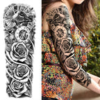 1 Sheet Full Arm Compass Zeus Skull Tiger Lion Flower Temporary Tattoos Sleeve For Men Women Adults Fake Temp Sticker Tattoo