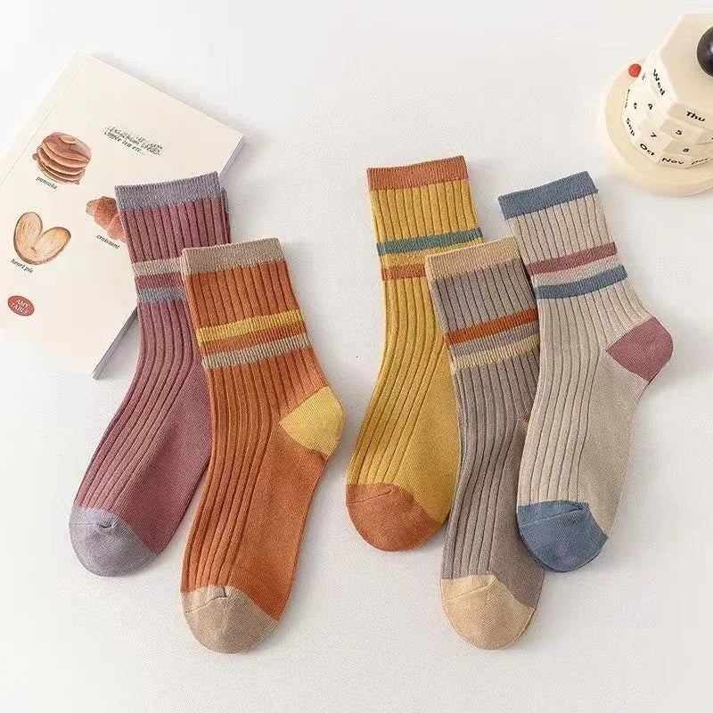 5 Pairs Striped Print Socks for Women Comfy Soft Mid Tube Socks Winter  Harajuku Funny Casual Sock Women's Stockings Hosiery Secondary image