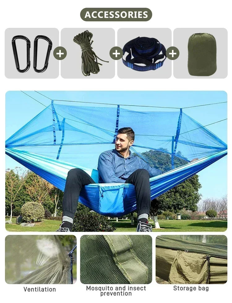 260x140cm Camping Hammock Double Size Parachute with Mosquito Net Rain Fly Tarp Lightweight for Hiking Travel