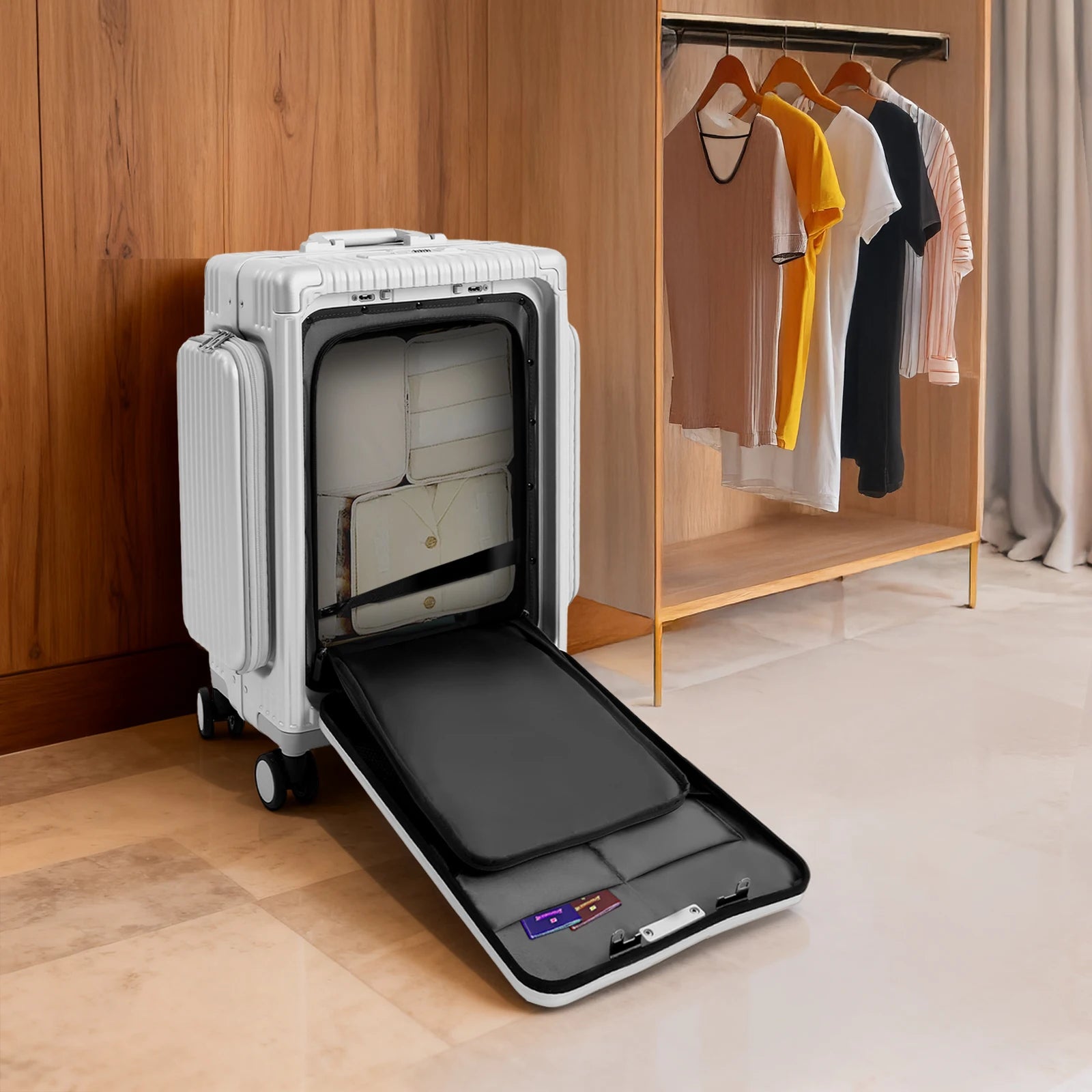 Modern 20in PC Luggage Suitcase Aluminum Alloy Hard Shell Travel Suitcase with 4 Wheels 3-open Structure for Trips
