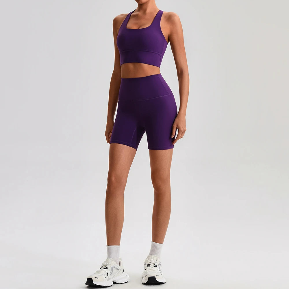 Buttery Soft Nylon Yoga Set Crisscross Back Sports Bra High Waist Biker Shorts 2 Piece Gym Set Workout Outfit Women Activewear