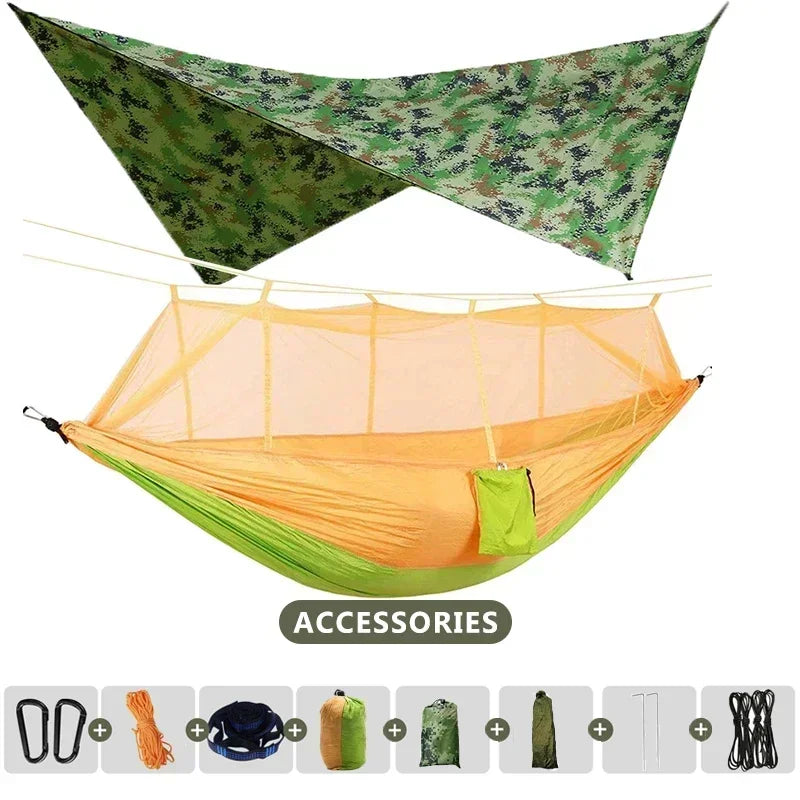 260x140cm Camping Hammock Double Size Parachute with Mosquito Net Rain Fly Tarp Lightweight for Hiking Travel