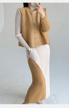 Khaki Beige Pleated Crew Neck Button Vest & Pleated Color Block Skirt Set Drapey Co-ord Set Minimalist Chic Trendy Daily 2026