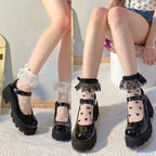 Women Lolita Transparent Mesh Crew Socks Sweet Ruffled Lace Trim Bowknot Cute Love Heart Pattern Anime Princess Hosiery