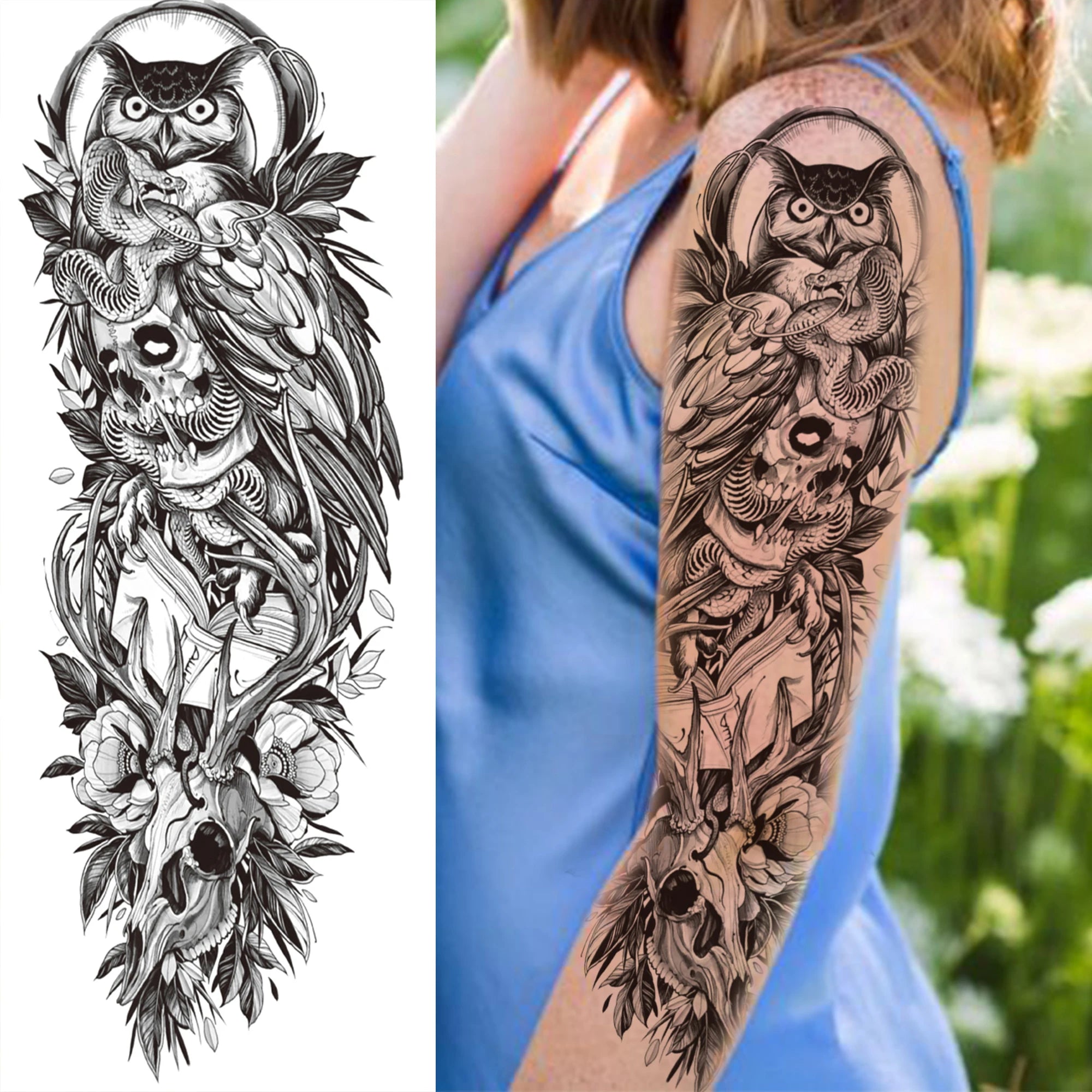 1 Sheet Full Arm Compass Zeus Skull Tiger Lion Flower Temporary Tattoos Sleeve For Men Women Adults Fake Temp Sticker Tattoo