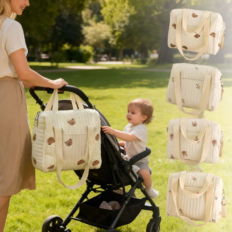 Cute Bear Baby Stroller Nappy Bag Korea Embroidery Cotton Mommy Bag Soft Maternity Shoulder Pack Portable Baby Diaper Organizer