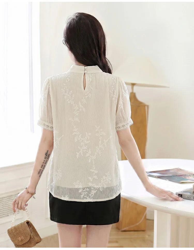 Blouses Shirts Women Blouse Shirt New Summer Bow Collar Embroidery Blouse Shirt Women Tops Short Sleeve Blusas Para Mujer Q4102