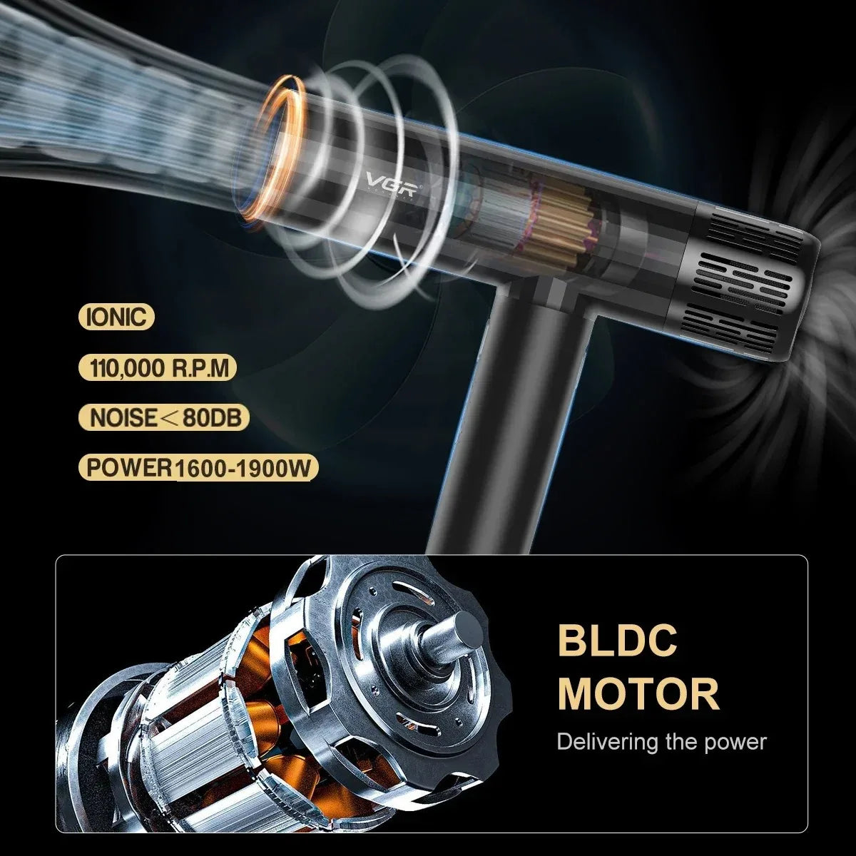 VGR Leafless Hair Dryer Professional Negative Ion Blower Dryer Brushless Motor 11000RPM Powerful Electric Dryer for Salon V-427