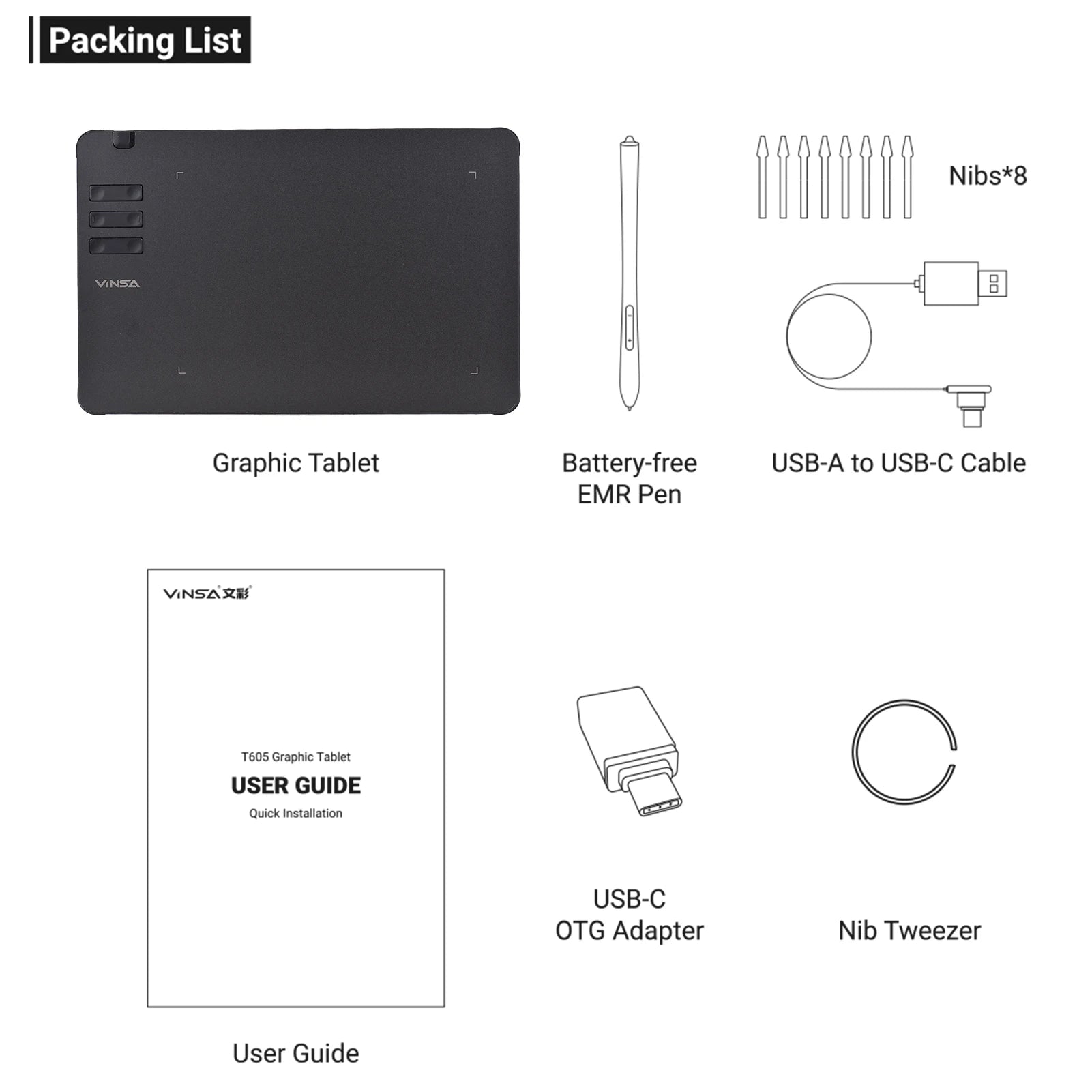 VINSA T1161 Graphics Drawing Tablet Ultra-thin Art Creation Sketch with Battery-free Stylus 8 Pen Nibs 8192 Levels Pressure