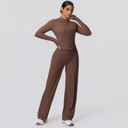 2pieces Quick Drying Sports Fitness Clothing Yoga Set Women Yoga Zipper Long Dleeves High Waisted Breathable Wide Leg Pants Set