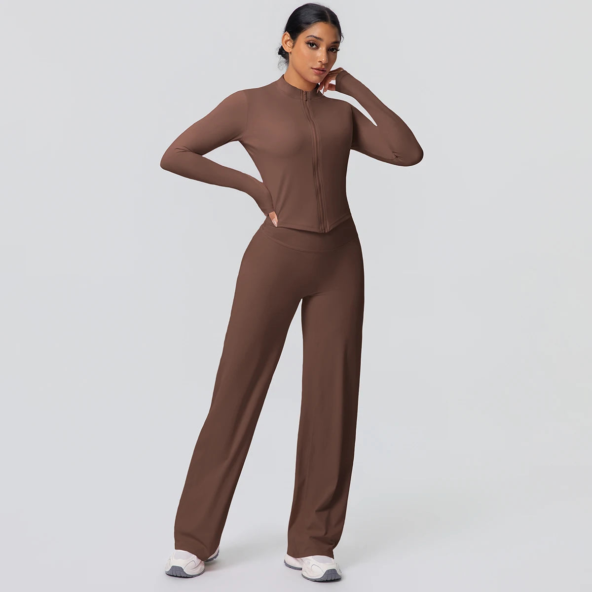 2pieces Quick Drying Sports Fitness Clothing Yoga Set Women Yoga Zipper Long Dleeves High Waisted Breathable Wide Leg Pants Set