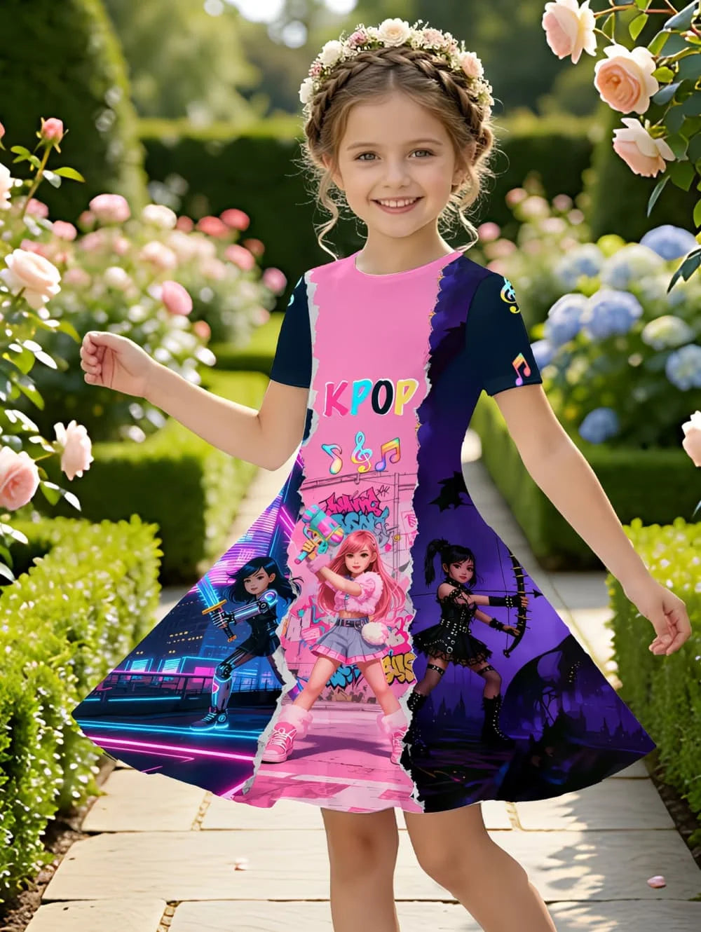Kpop Cartoon Graphic Dress for Girls Funny Gift for Fan Harajuku Girl Clothes Summer Tops Short Sleeve Dress Children's Clothing