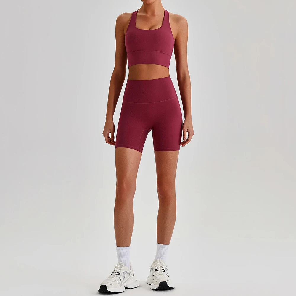 Buttery Soft Nylon Yoga Set Crisscross Back Sports Bra High Waist Biker Shorts 2 Piece Gym Set Workout Outfit Women Activewear