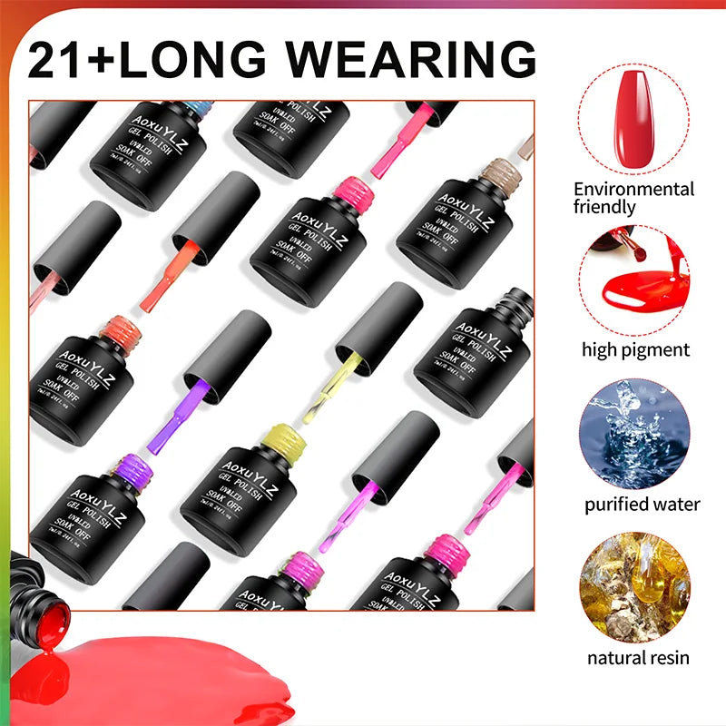 28Pcs/Set Gel Nail Polish Set Glass bottle Soak Off UV Gel Varnish Red Pink Colorful Gel Polish Matte Top Base Coat Nail Gel Kit