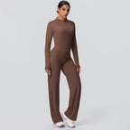 2pieces Quick Drying Sports Fitness Clothing Yoga Set Women Yoga Zipper Long Dleeves High Waisted Breathable Wide Leg Pants Set