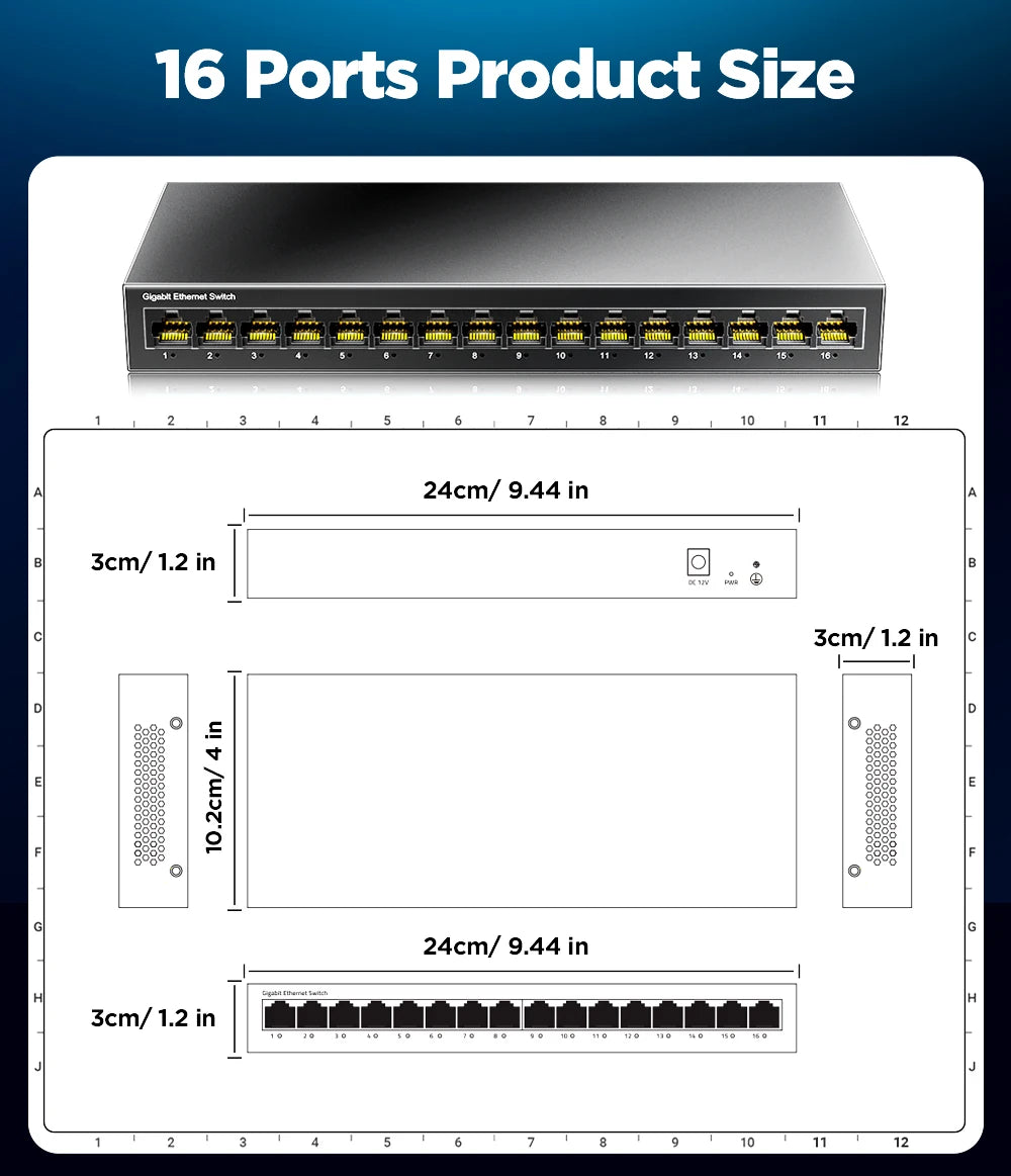 AMPCOM Network Switch 16 Ports Switch Ethernet 1000Mbps Gigabit High Performance Smart Switcher RJ45 Hub Internet Injector