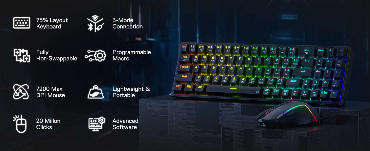 Redragon BS136 Gaming Keyboard & Mouse Combo, 75% K628 Tri-Mode Wireless RGB Mechanical Keyboard and 7200 DPI Gamer Mouse Bundle